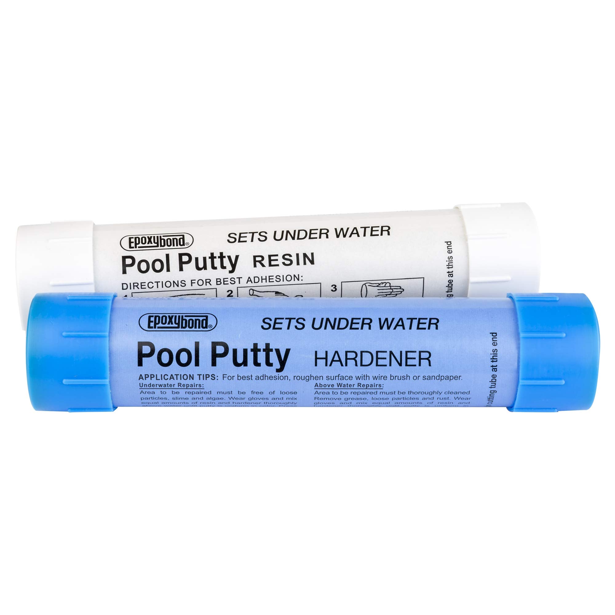 Epoxybond Pool Putty frente del empaque mostrando kit por Atlas Minerals y facilidad de uso
