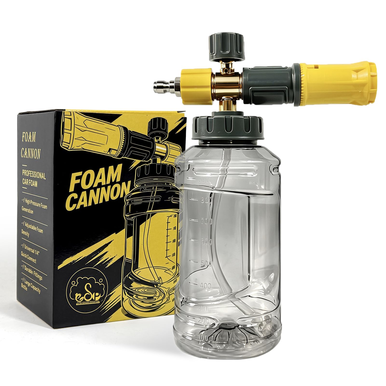 ESP Foam Cannon frontal mostrando diseño y cuerpo robusto, limpieza eficiente