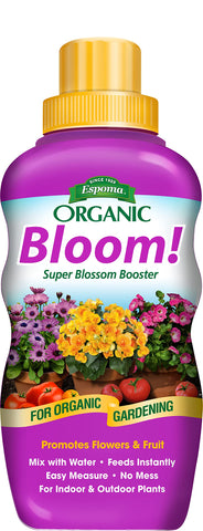 Espoma botella frontal mostrando etiqueta y beneficios para floración