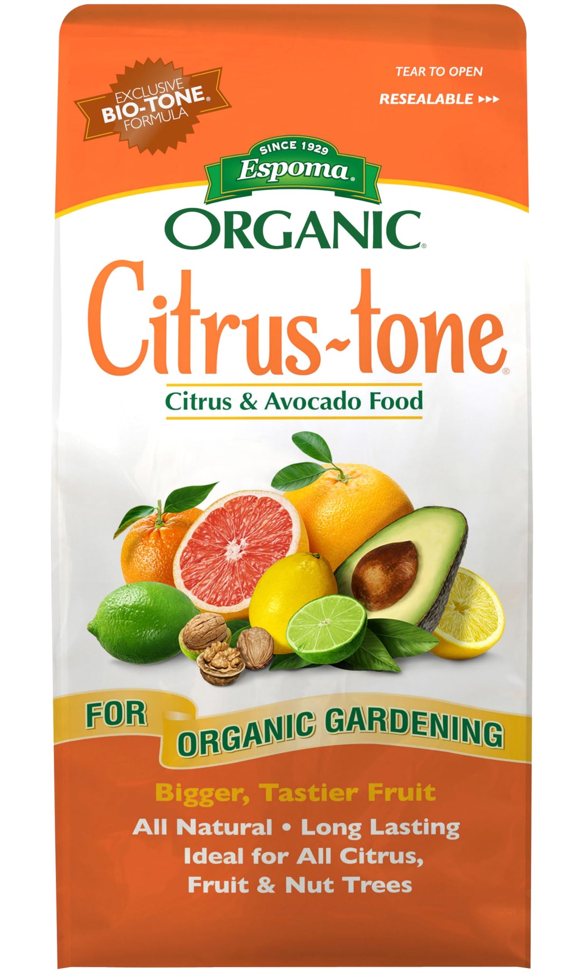Espoma Citrus-Tone bolsa frontal mostrando diseño y peso de 4 lb, fácil identificación