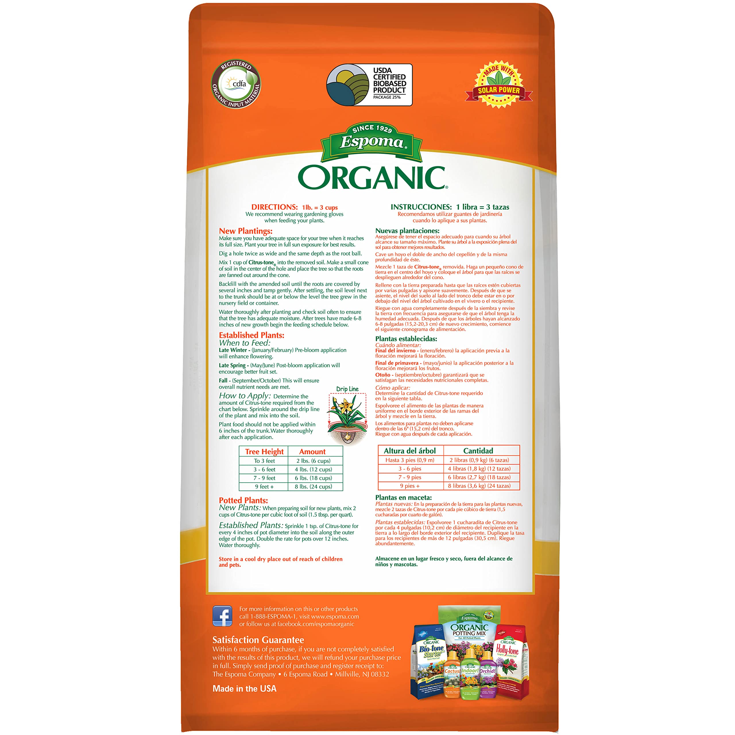Espoma Citrus-Tone gránulos en mano, textura orgánica visible para absorción lenta