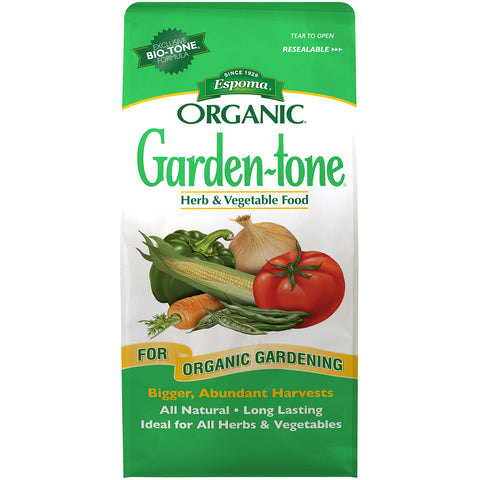 Espoma Garden-Tone frente de la bolsa mostrando el envase y facilidad de uso
