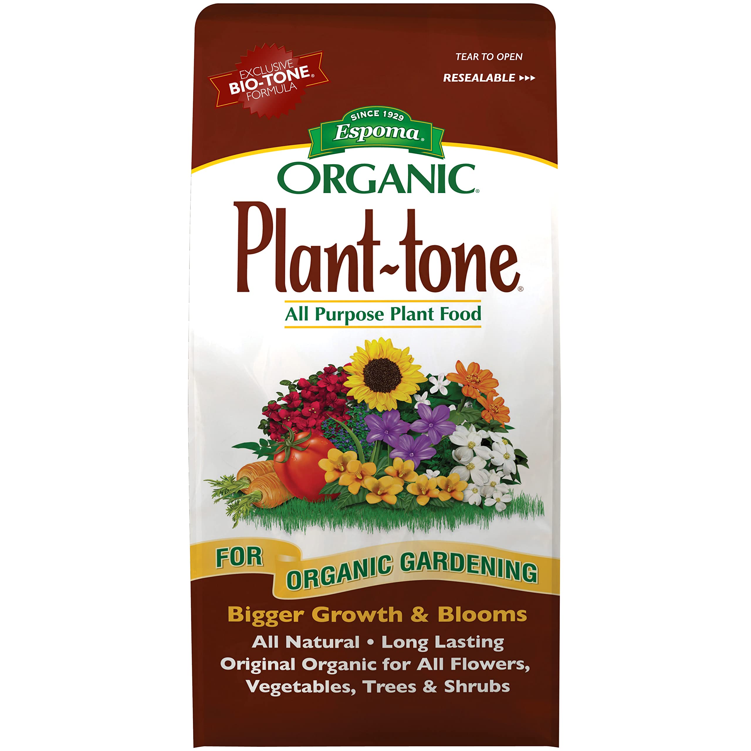 Espoma Plant-tone frente de la bolsa mostrando fórmula y uso orgánico
