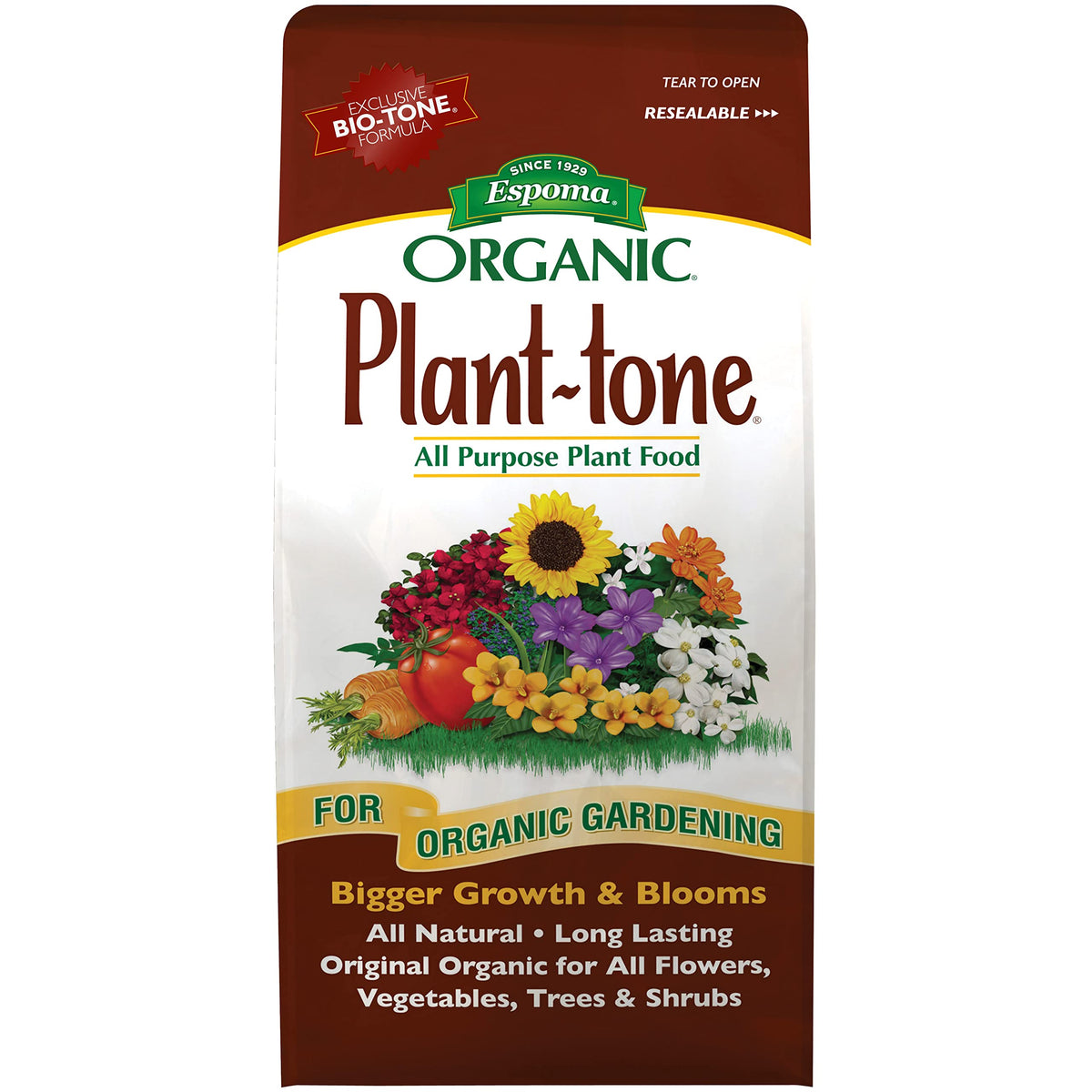 Espoma Plant-tone frente de la bolsa mostrando fórmula y uso orgánico