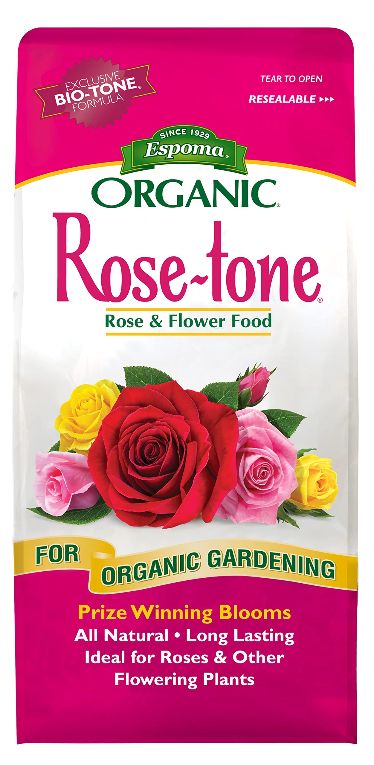 Espoma Rose-tone frente del empaque mostrando etiqueta y beneficios orgánicos