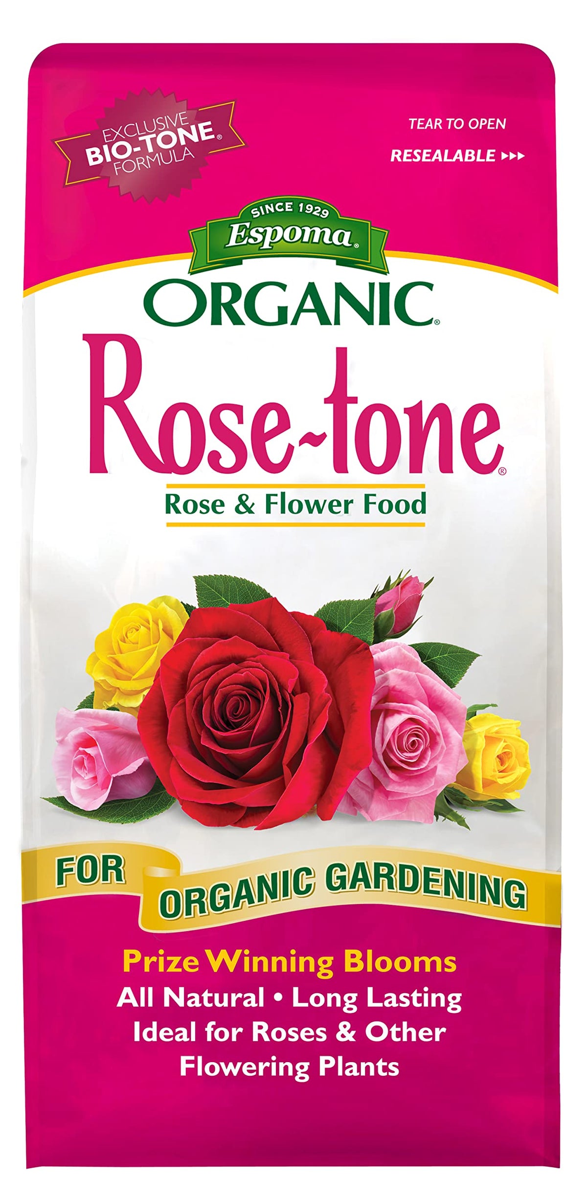Espoma Rose-tone frente del empaque mostrando etiqueta y beneficios orgánicos