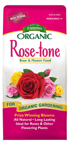 Espoma Rose-tone frente del empaque mostrando etiqueta y beneficios orgánicos