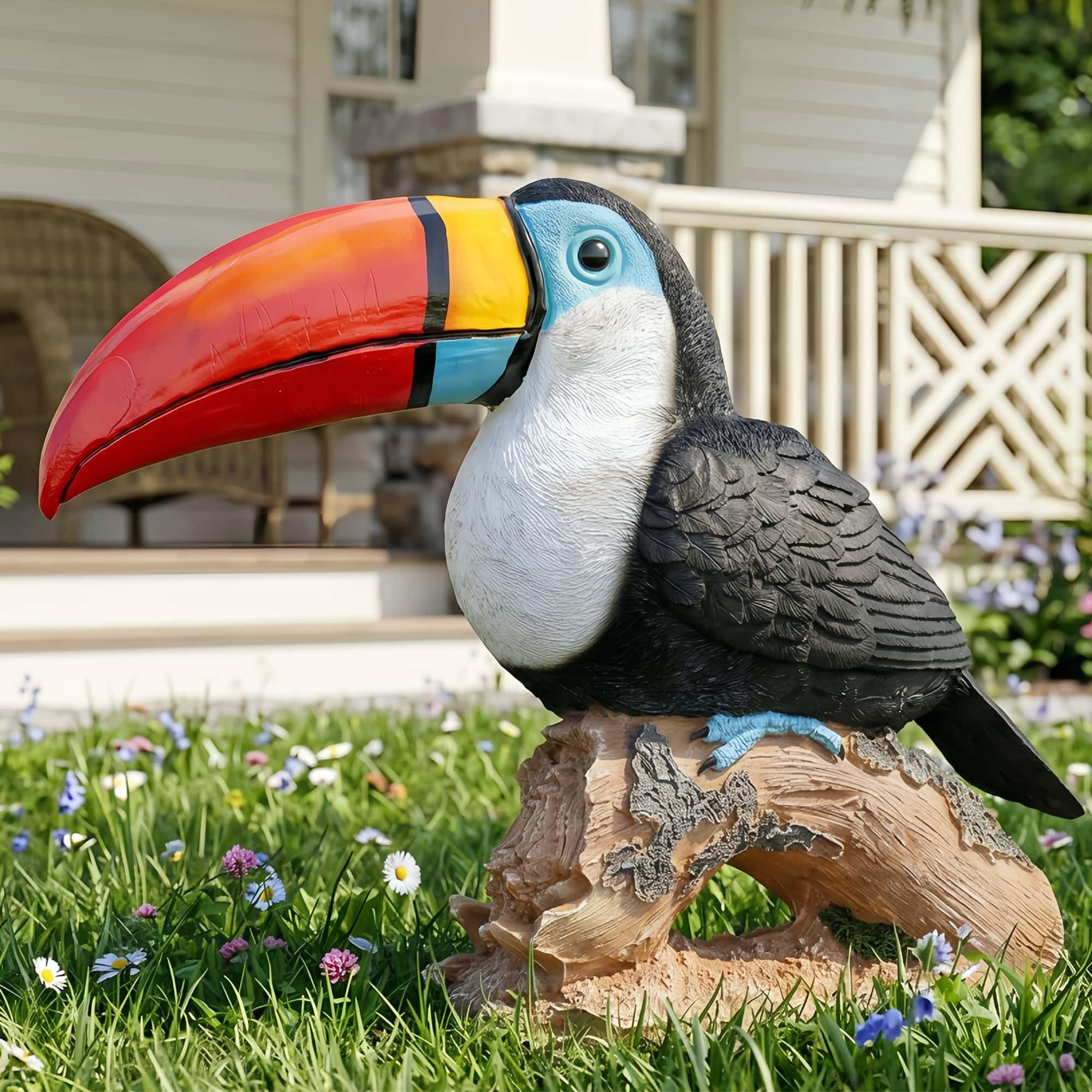 Euiroet tucán colocado en jardín aportando ambiente tropical