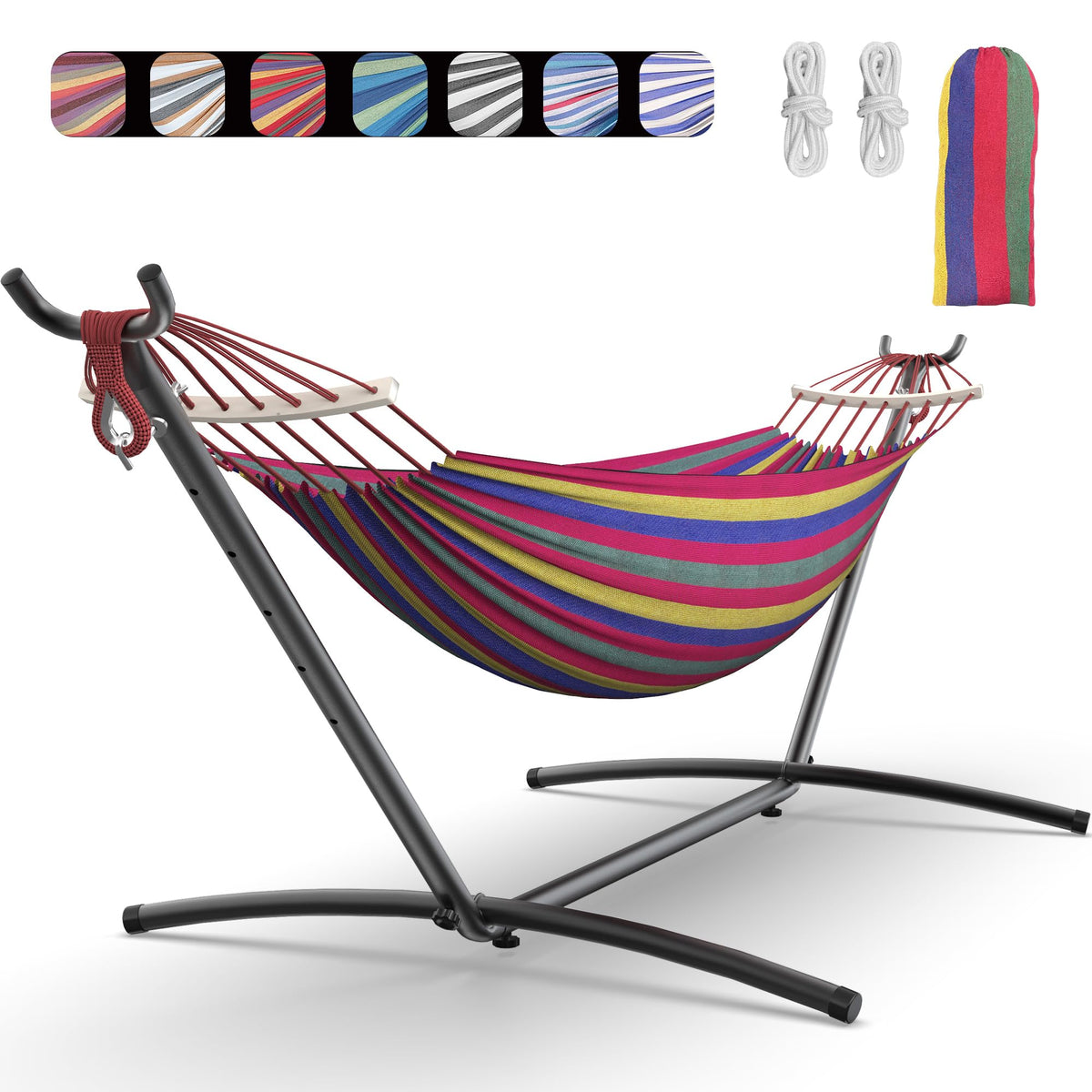 EveryFun vista frontal de la hamaca doble con soporte, comodidad inmediata