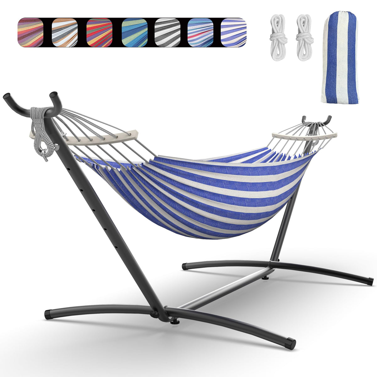 Everyfun hamaca doble frontal mostrando diseño azul-blanco y comodidad