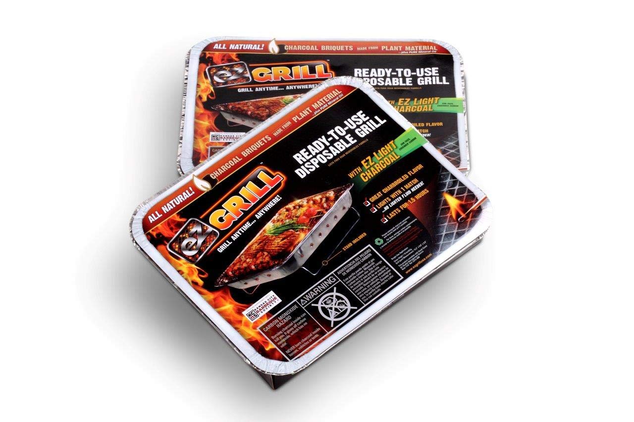 EZGRILL frente del empaque con parrilla lista para llevar y sin limpieza
