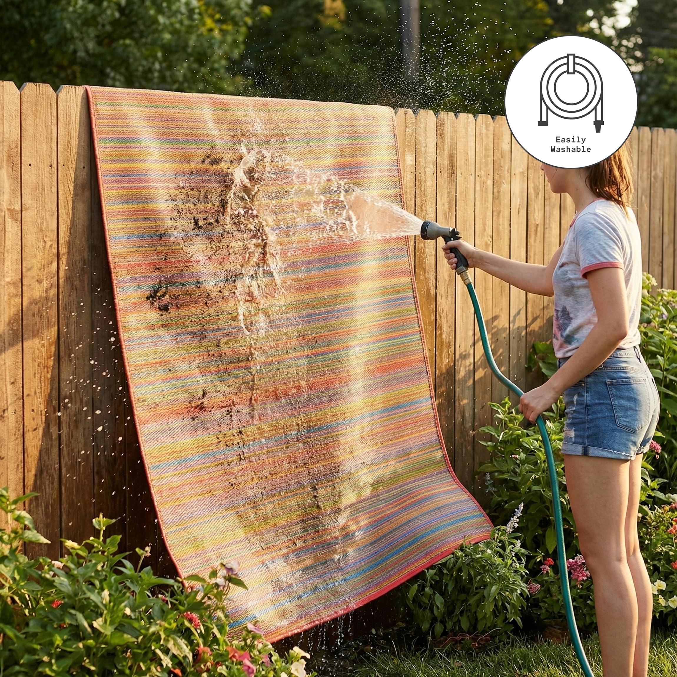 Fab Habitat alfombra al lado de una silla para comparar escala y tamaño 4x6 ft