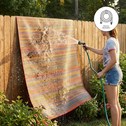 Fab Habitat alfombra al lado de una silla para comparar escala y tamaño 4x6 ft