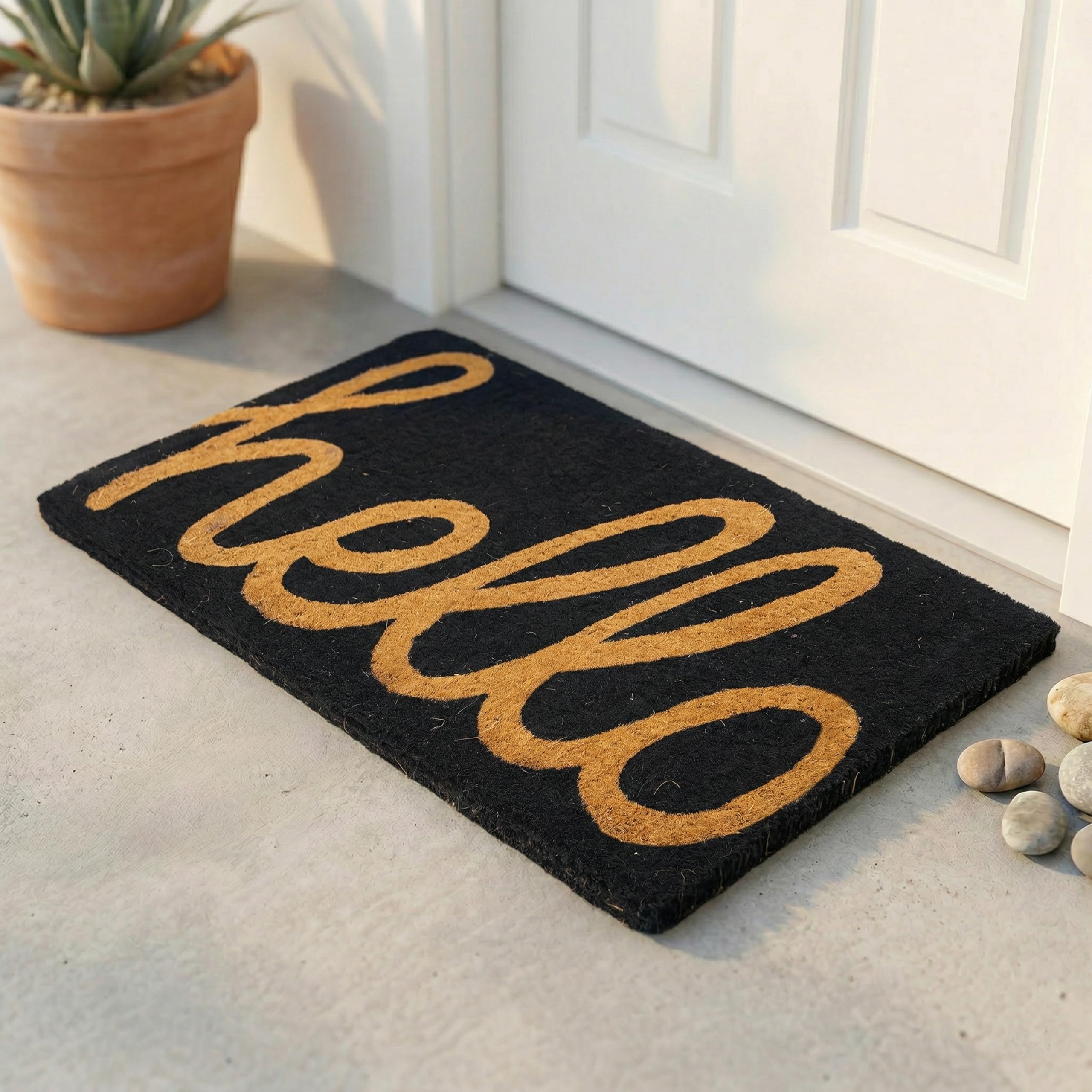 Fab Habitat felpudo frontal Cursive Hello mostrando bienvenida elegante y durabilidad