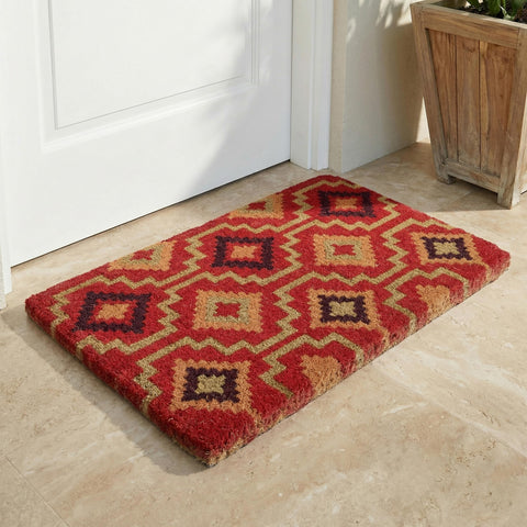 Fab Habitat felpudo frontal mostrando diseño Lhasa Kilim y bienvenida duradera