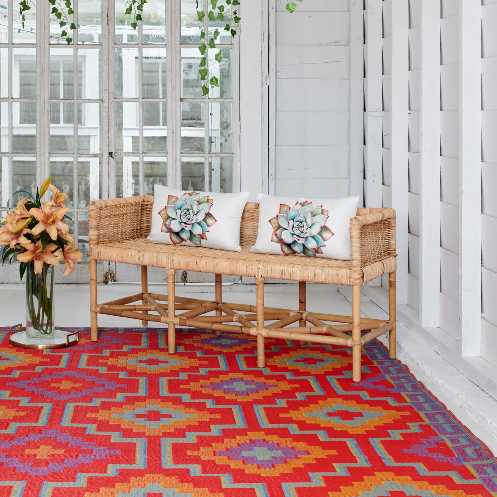 Fab Habitat alfombra frontal mostrando patrón vintage y colores vivos como ventaja decorativa