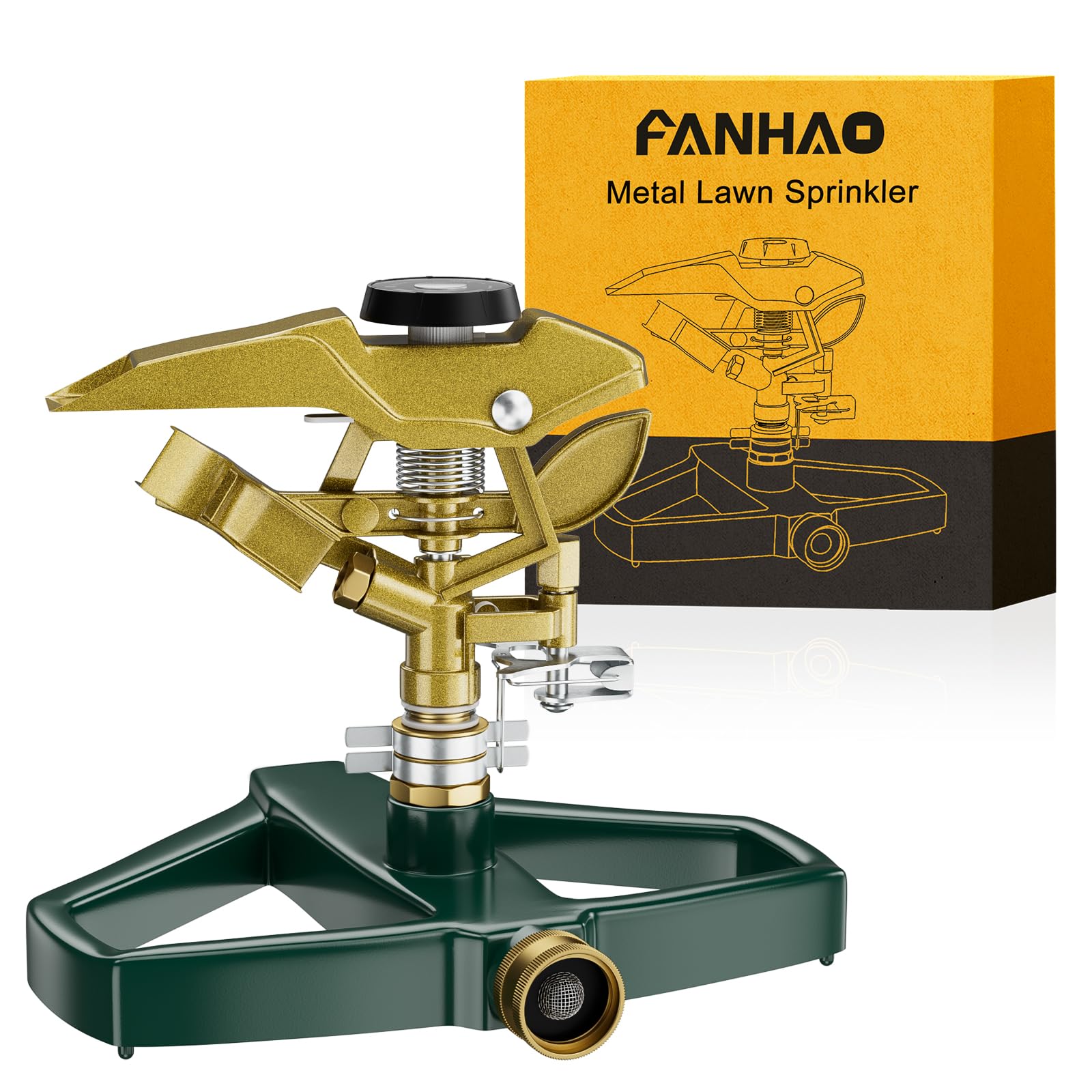 FANHAO aspersor frontal mostrando diseño metálico y durabilidad
