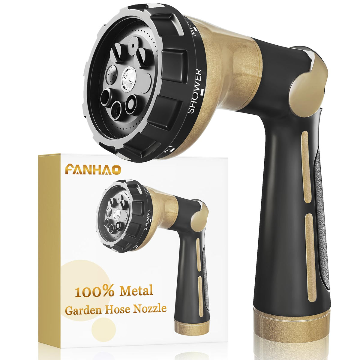 FANHAO boquilla metal frontal mostrando su robustez y durabilidad