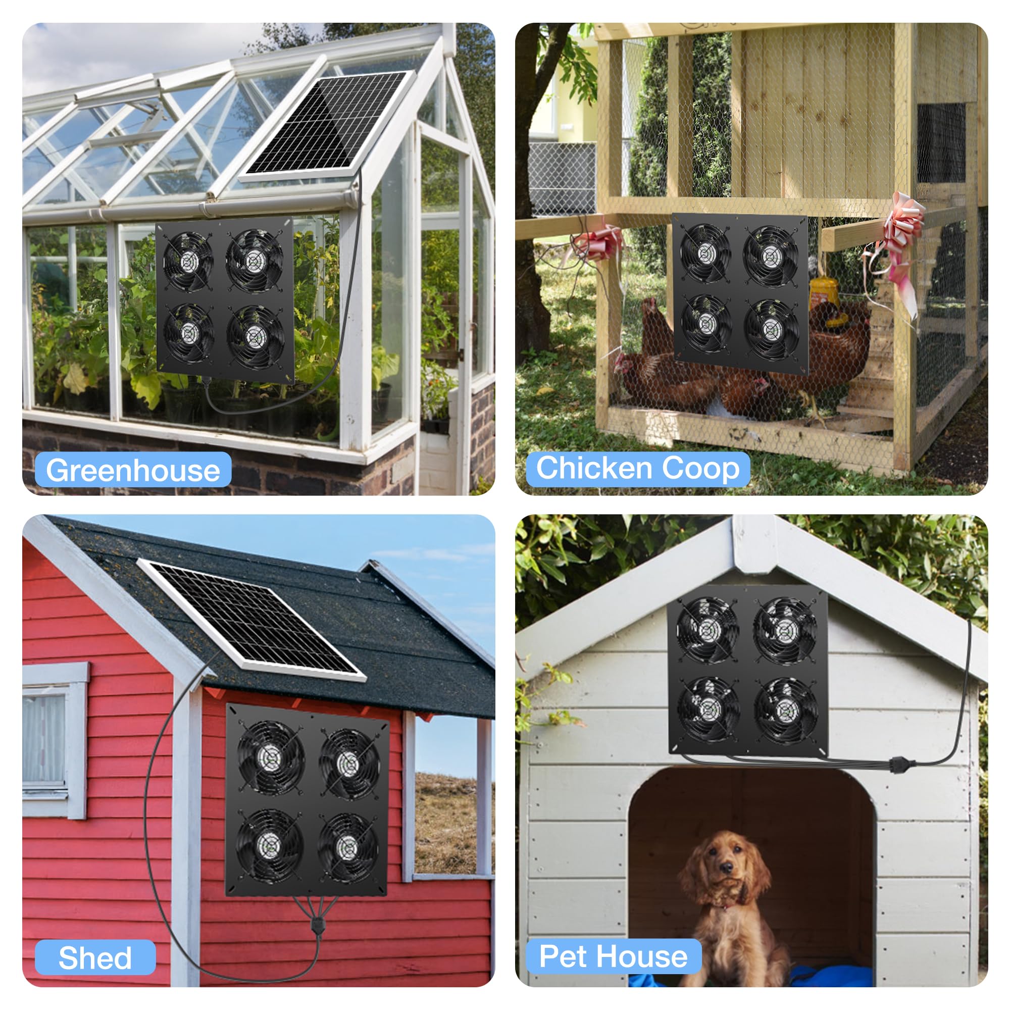 Fanspex kit montado en cobertizo ventilando espacio exterior sin cables