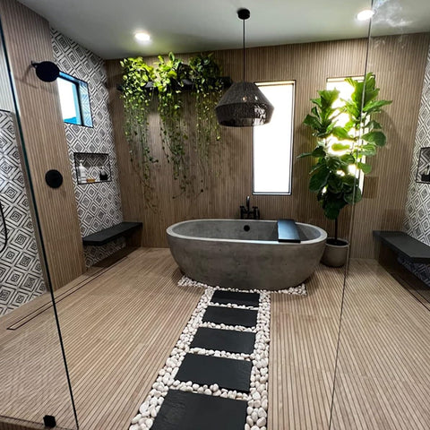 FANTIAN maceteros exteriores con guijarros blancos integrados en diseño paisajístico