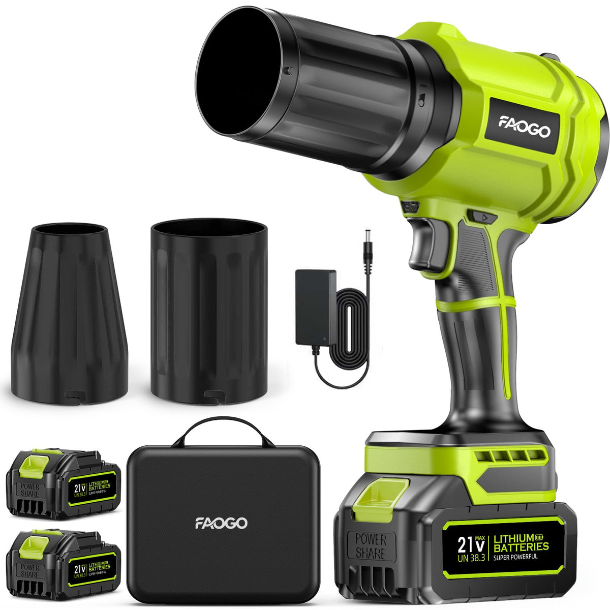 FAOGO soplador frontal con kit completo mostrando herramientas y diseño, beneficio: ahorro de tiempo