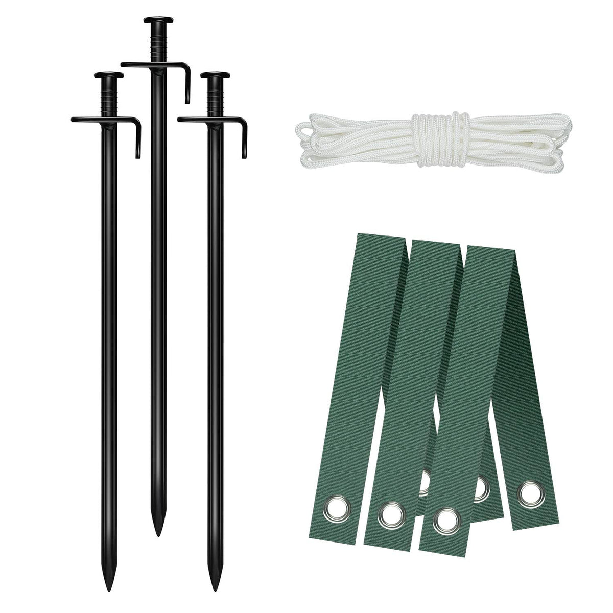 FCENDS paquete frontal del kit mostrando estacas, correas y cuerda para sujeción efectiva