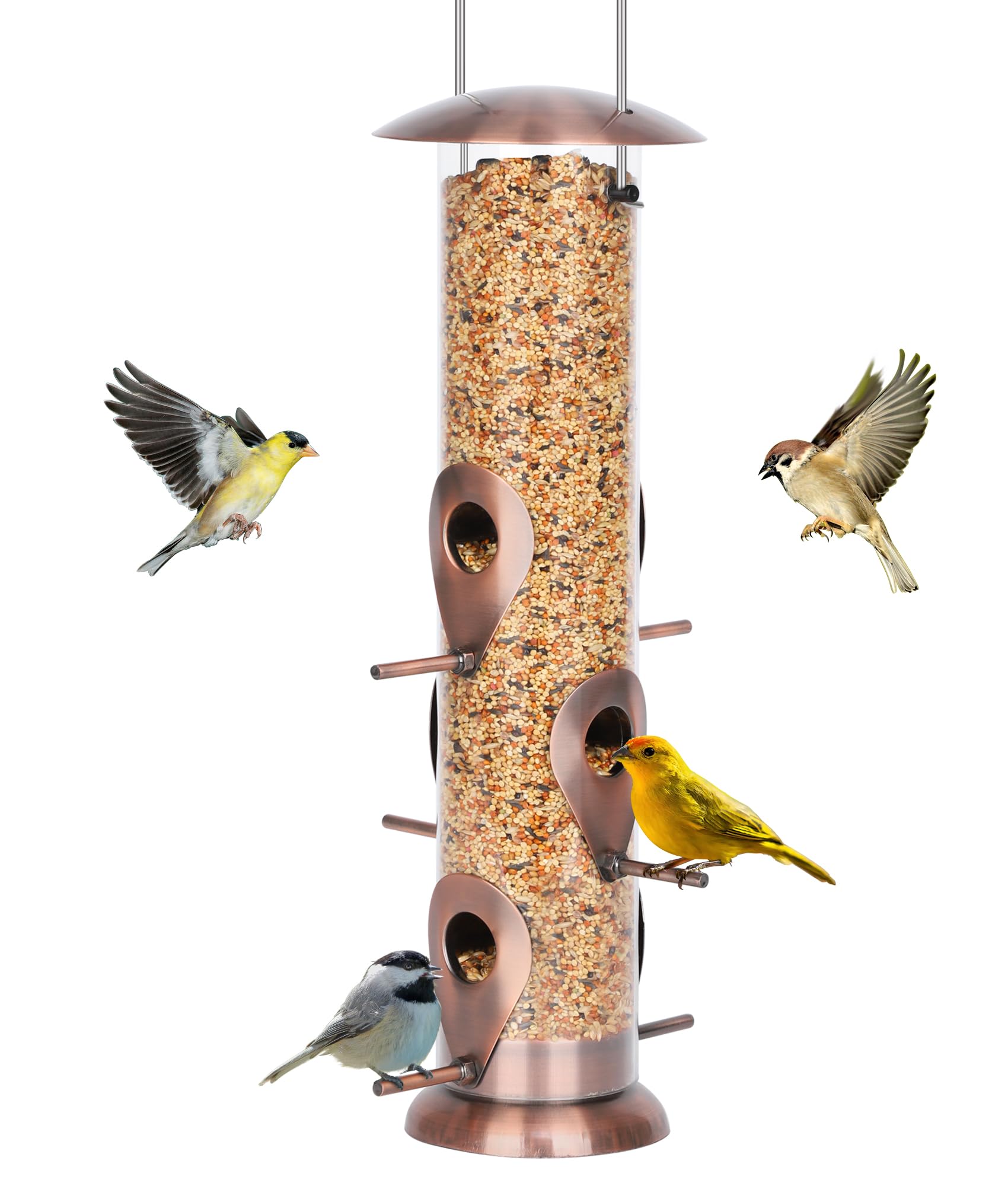 FEED GARDEN comedero metálico frontal mostrando seis puertos para atraer aves