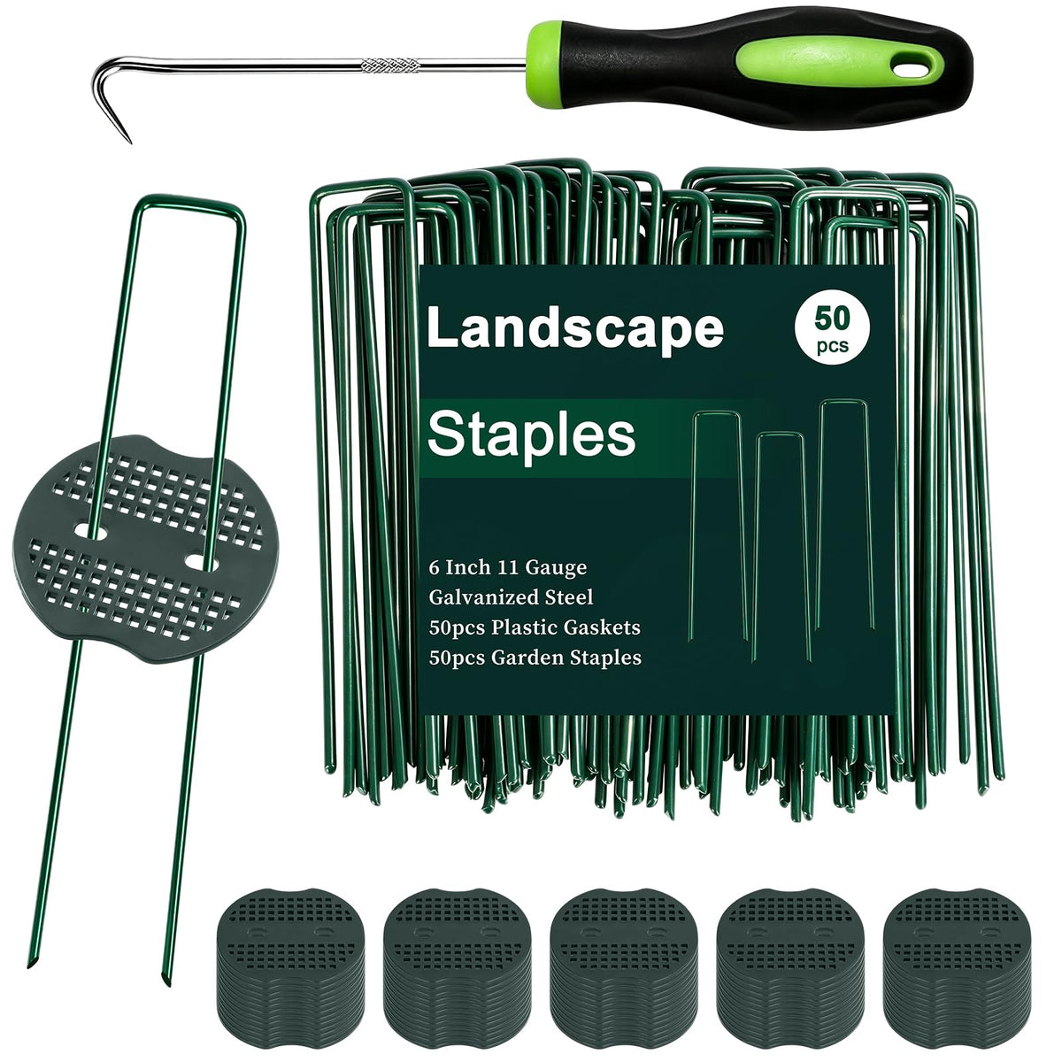 FEED GARDEN caja frontal mostrando 50 estacas galvanizadas beneficios de kit completo