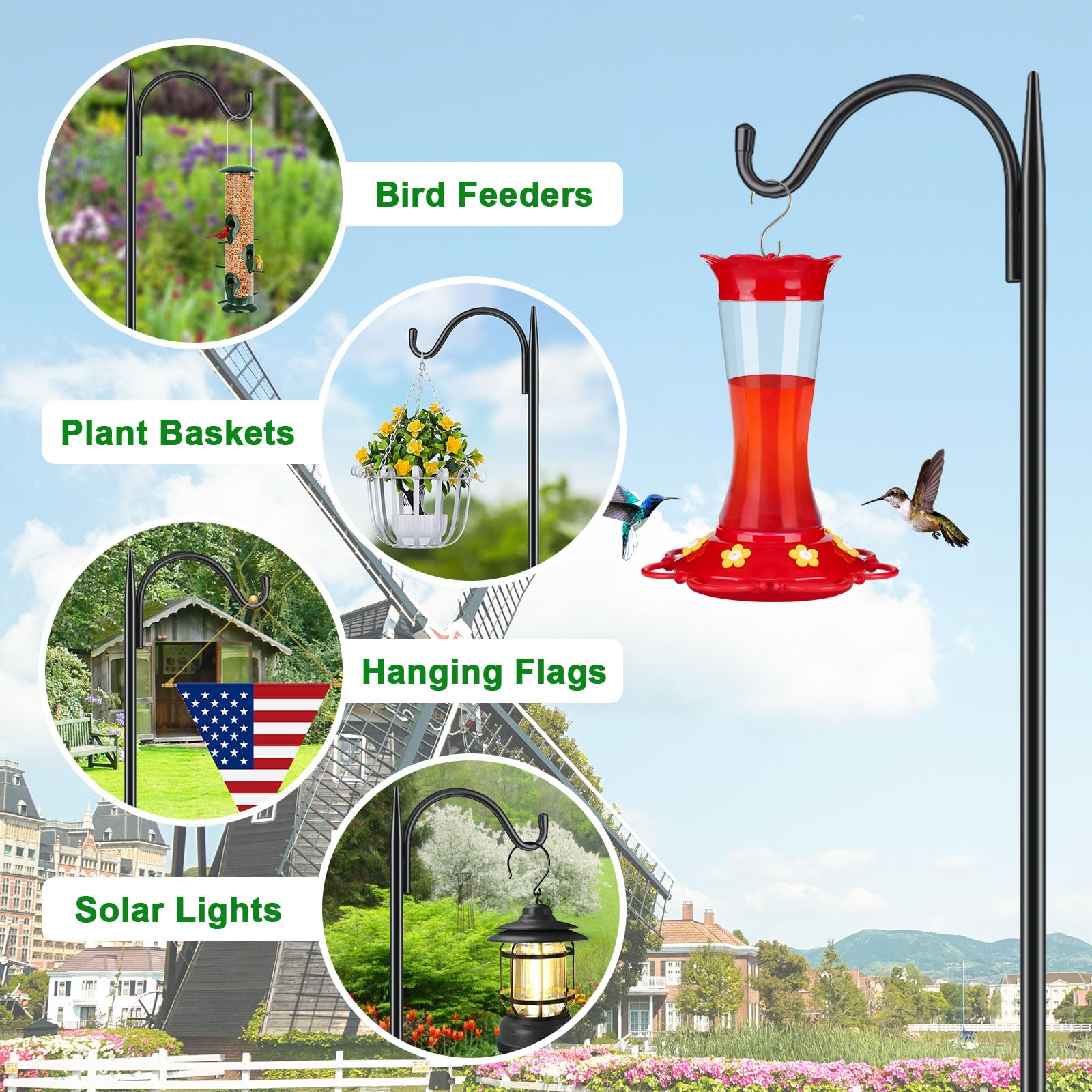 FEED GARDEN poste en uso con comedero de colibrí, atrae aves al jardín