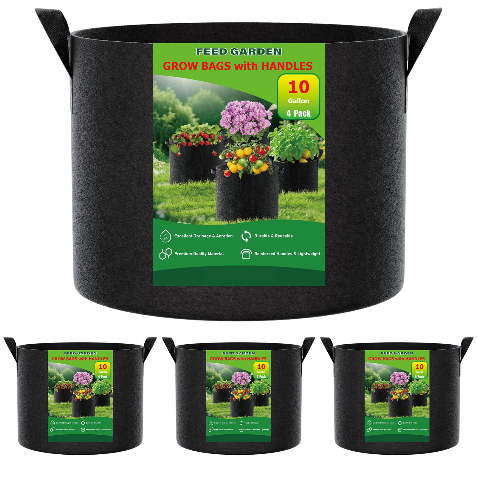 FEED GARDEN frente del pack de 4 bolsas, durabilidad visible
