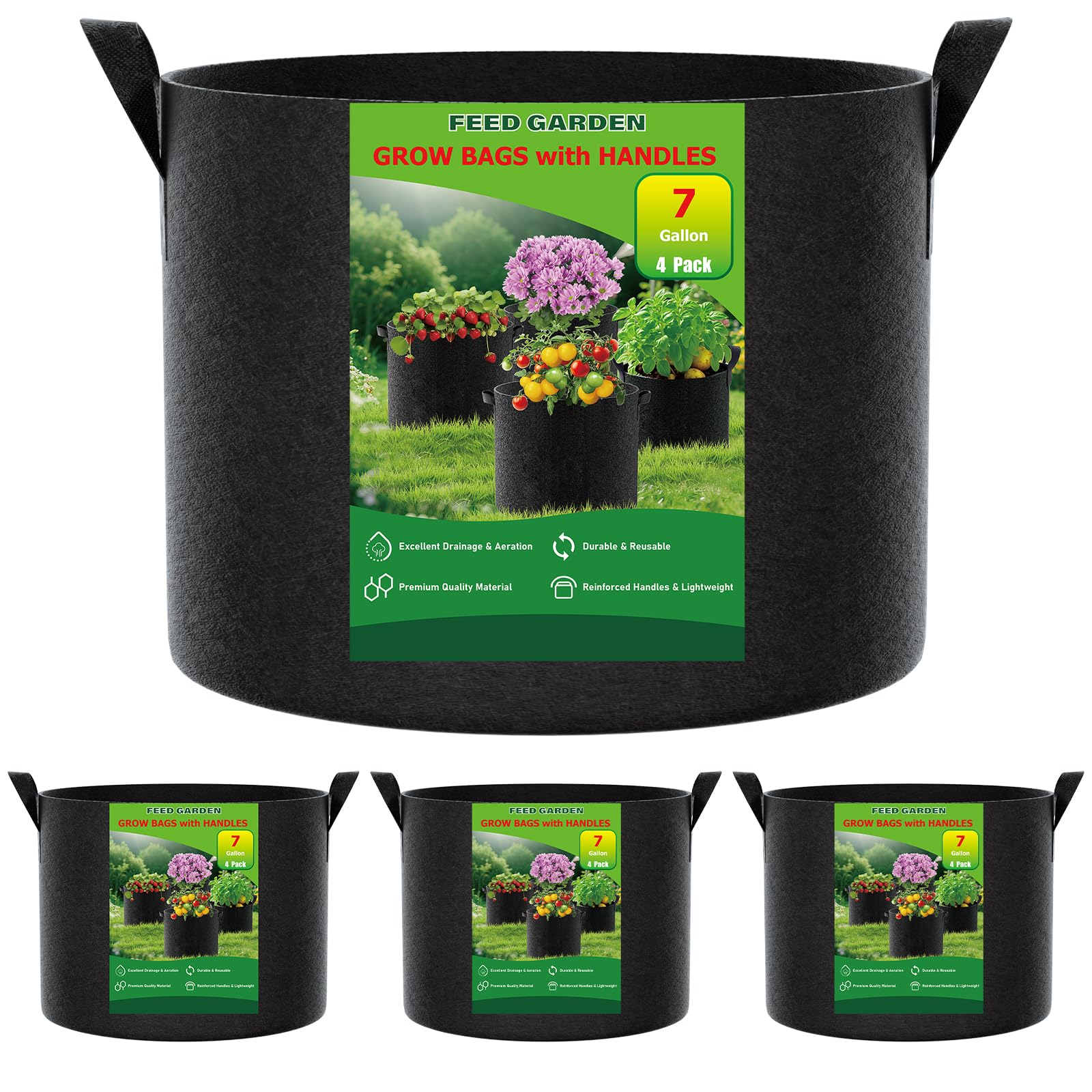 FEED GARDEN paquete frontal mostrando las cuatro bolsas, práctico y resistente