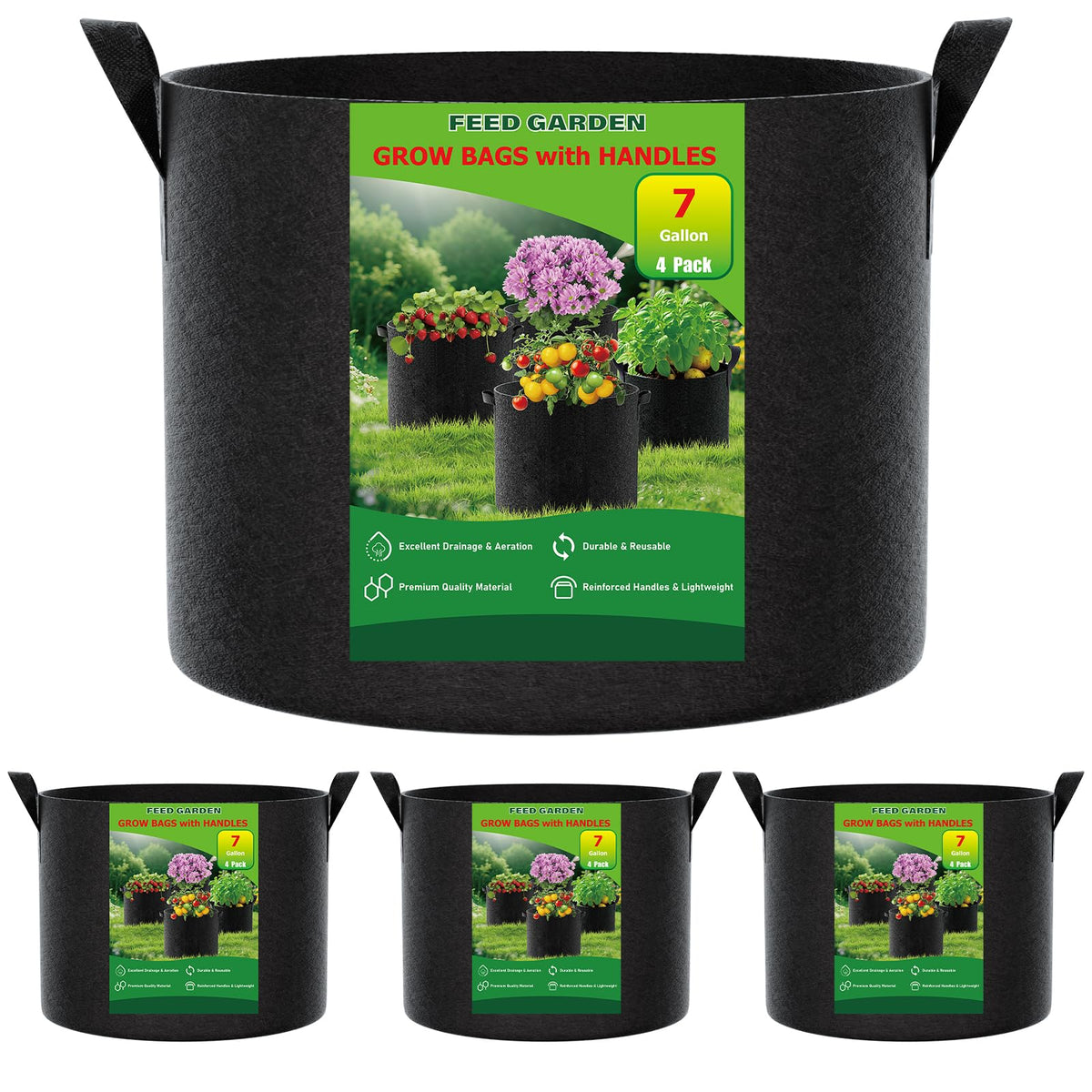 FEED GARDEN paquete frontal mostrando las cuatro bolsas, práctico y resistente