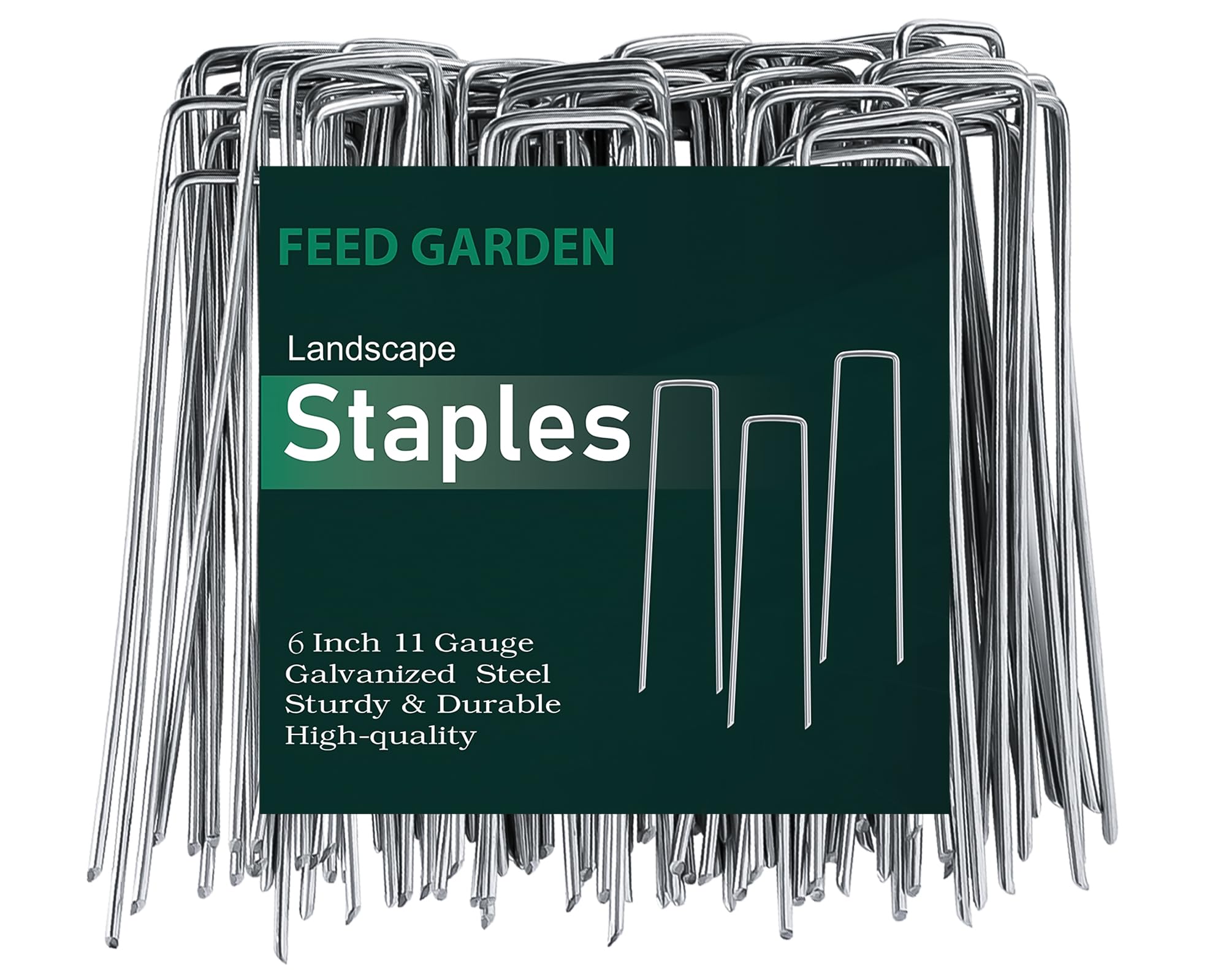 FEED GARDEN front package showing 300 galvanized landscape staples and quantity benefit