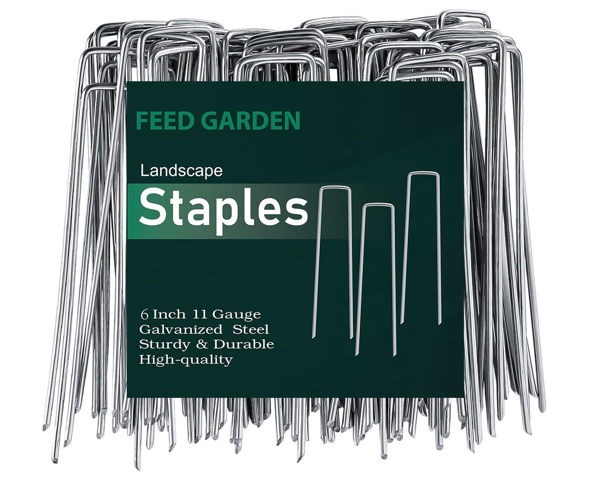 FEED GARDEN front package showing 300 galvanized landscape staples and quantity benefit