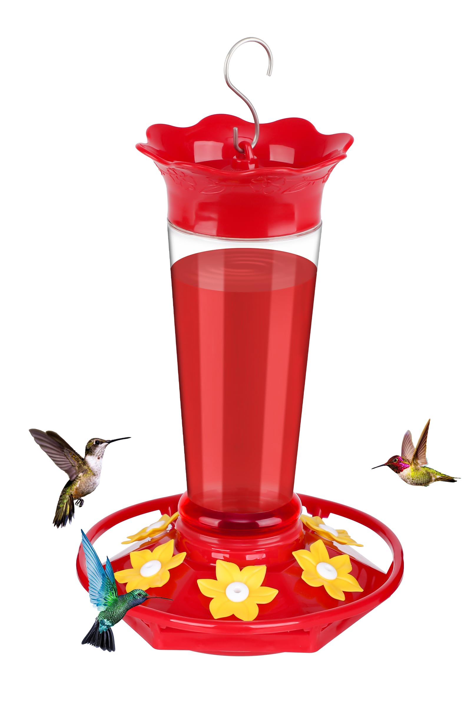 FEED GARDEN vista frontal del comedero con acentos rojos que atraen colibríes