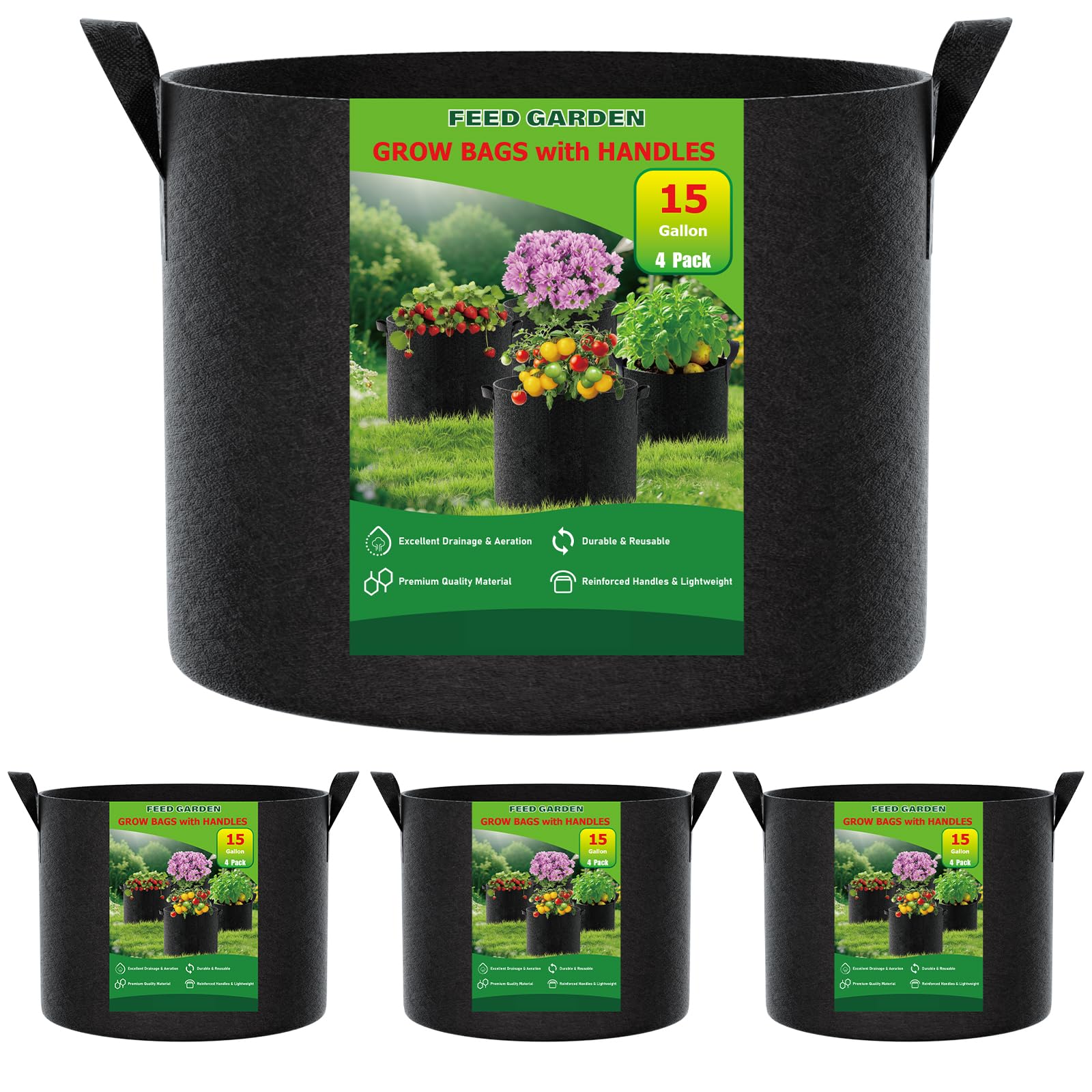 FEED GARDEN pack frontal de 4 bolsas de 15 galones mostrando capacidad y asas resistentes