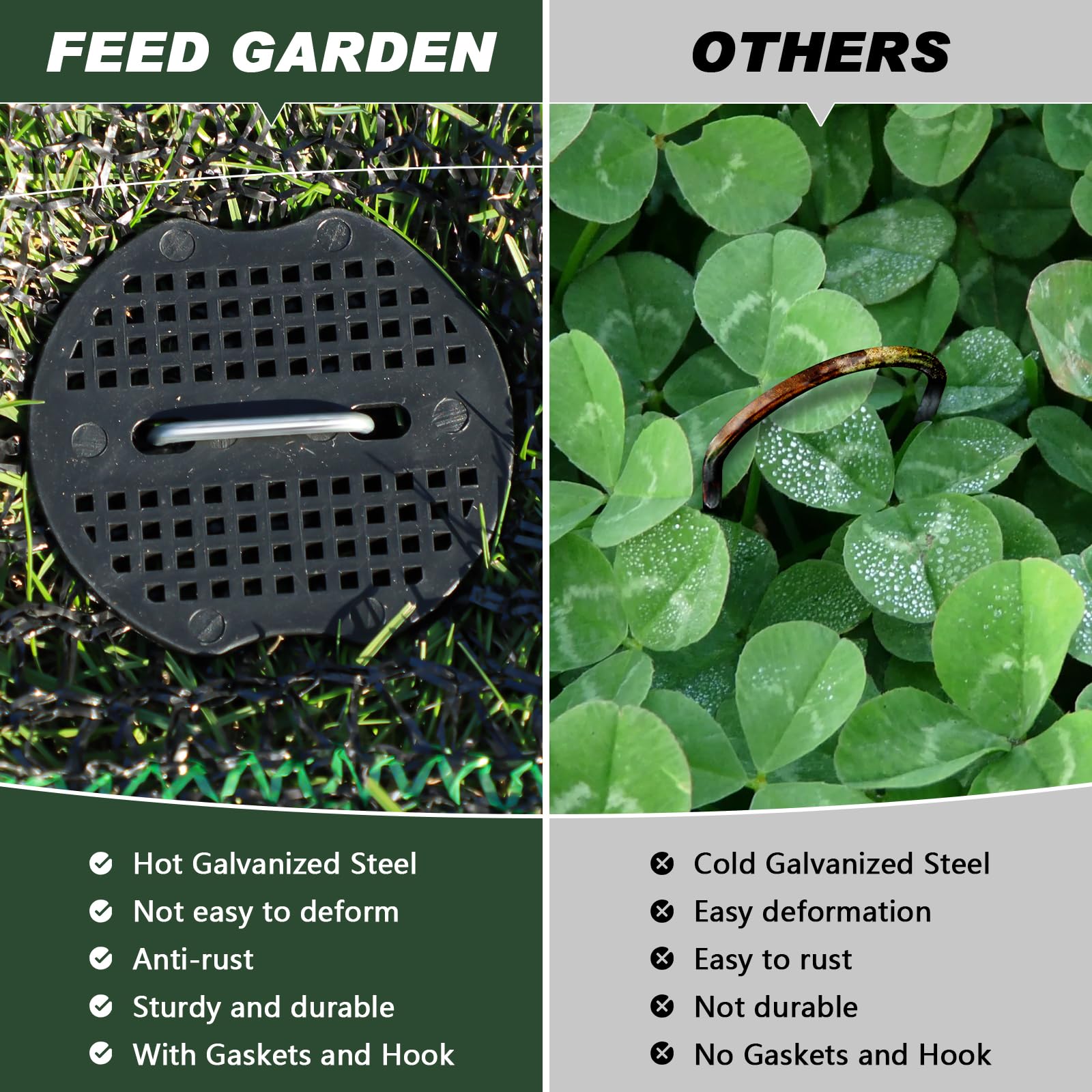 FEED GARDEN primer plano de grapa 11 gauge enfatizando durabilidad