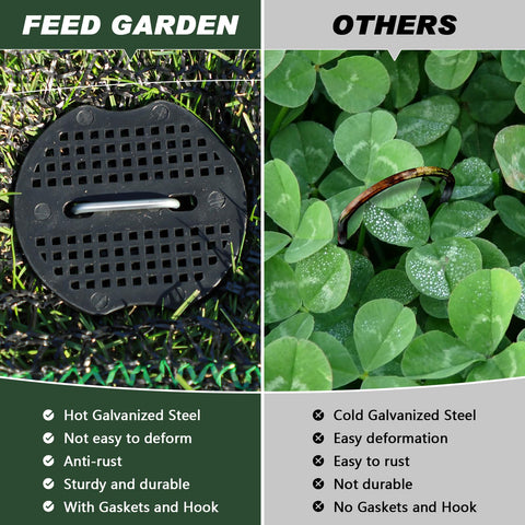 FEED GARDEN primer plano de grapa 11 gauge enfatizando durabilidad