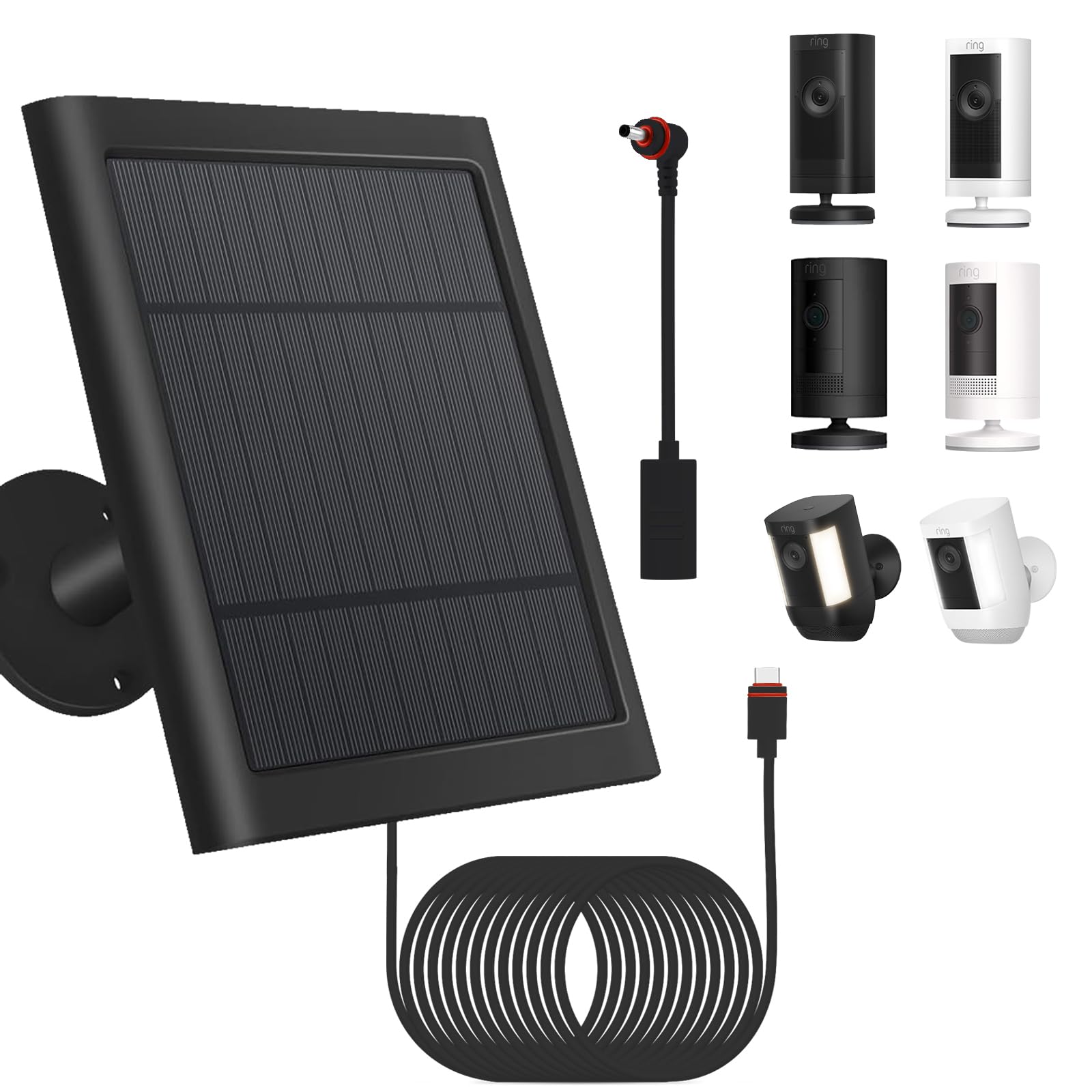Fehuatenda panel frontal mostrando placa solar útil para cargar cámaras Ring