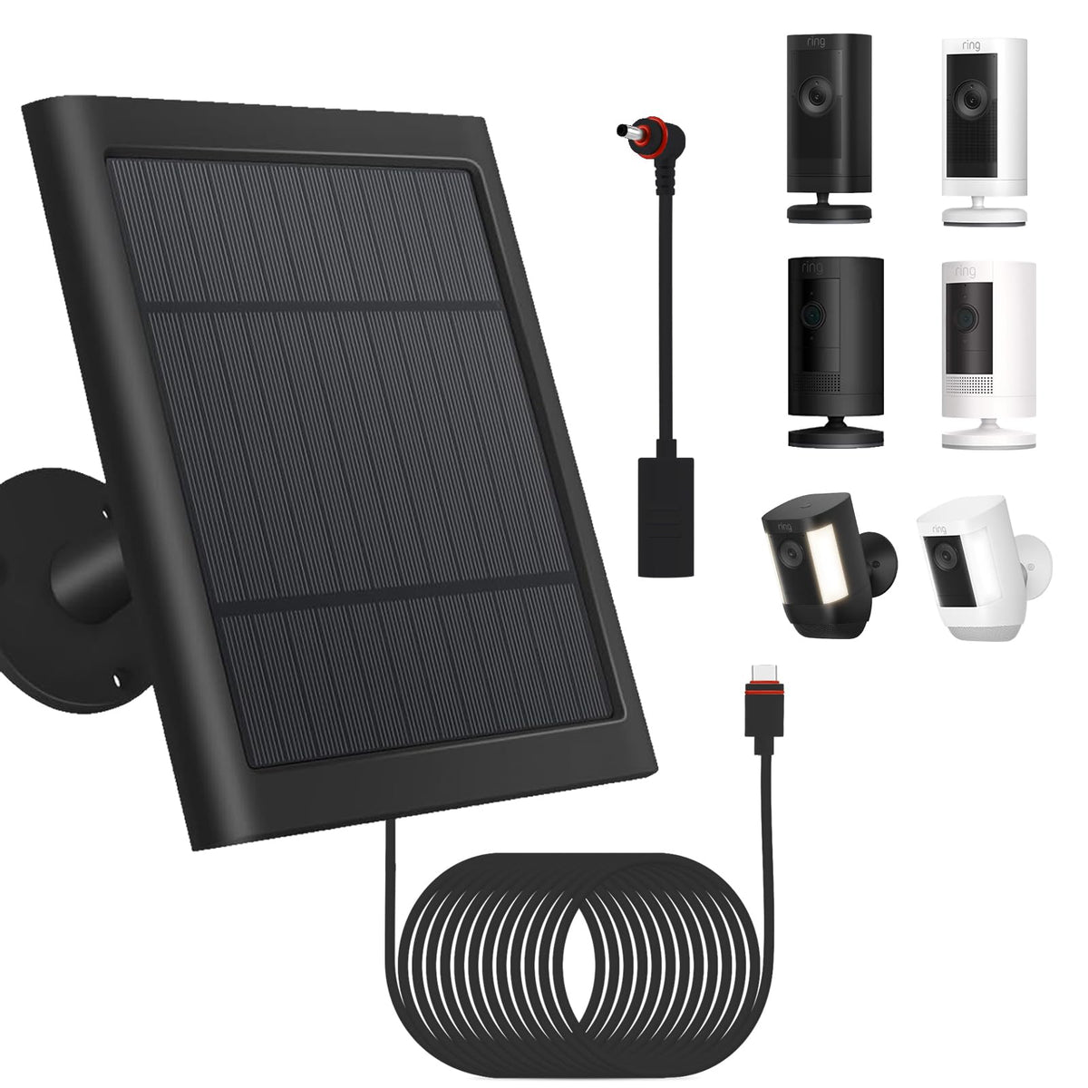 Fehuatenda panel frontal mostrando placa solar útil para cargar cámaras Ring