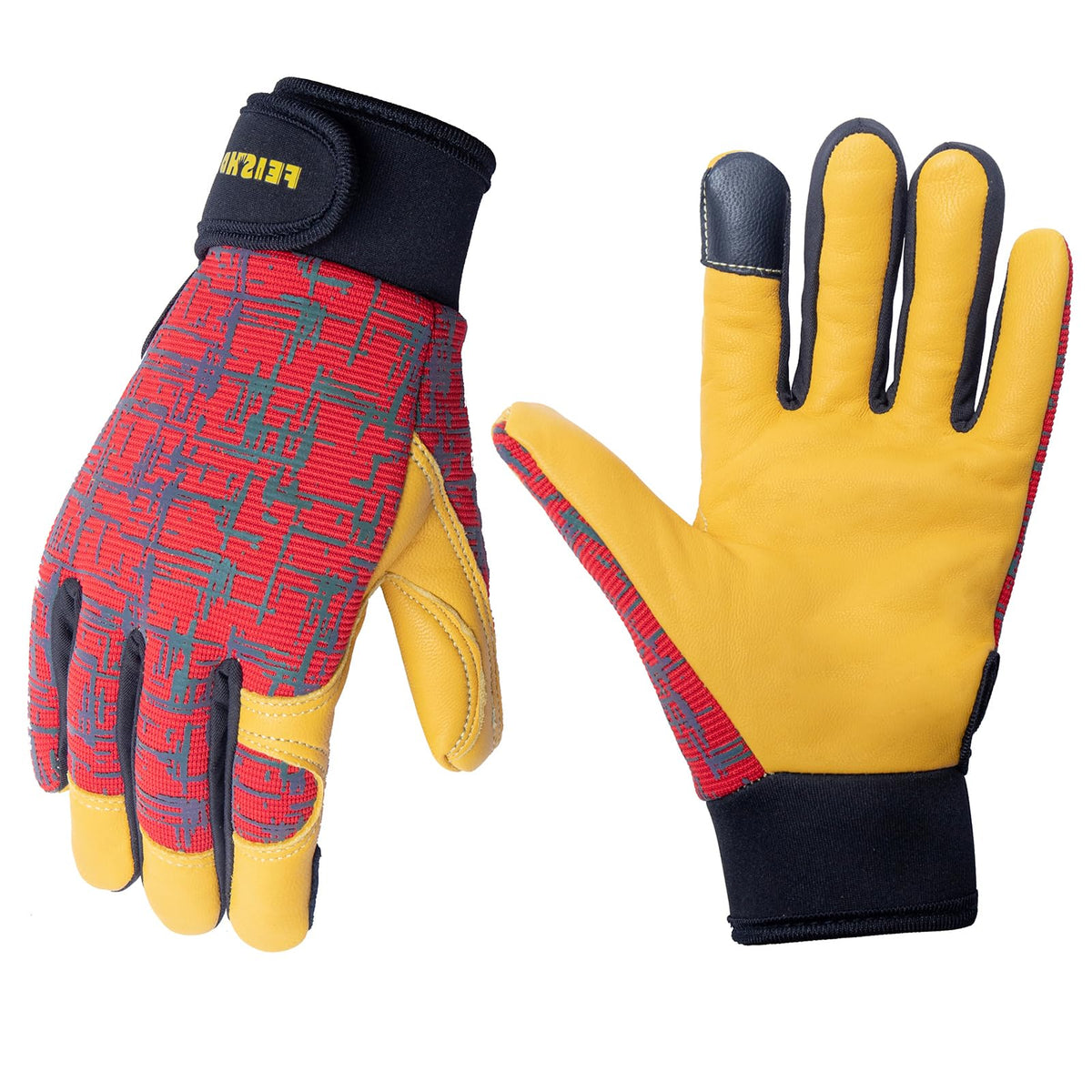 FEISHDEK guantes frontal del empaque mostrando talla y color rojo para seguridad
