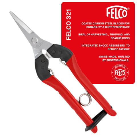 FELCO F321 vista frontal mostrando mango y hoja, comodidad en mano
