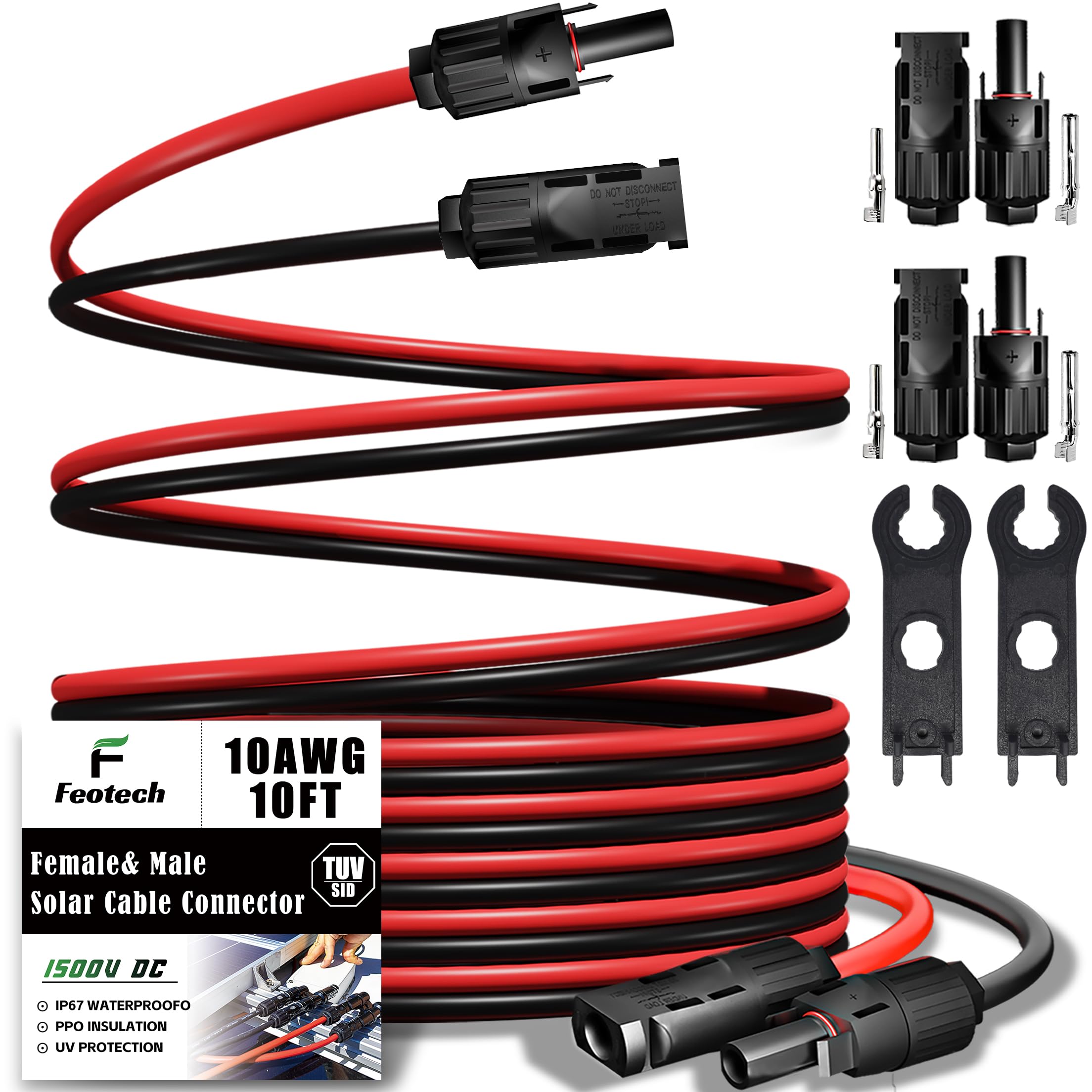 Feotech cable frontal del paquete mostrando colores negro y rojo, durabilidad visible