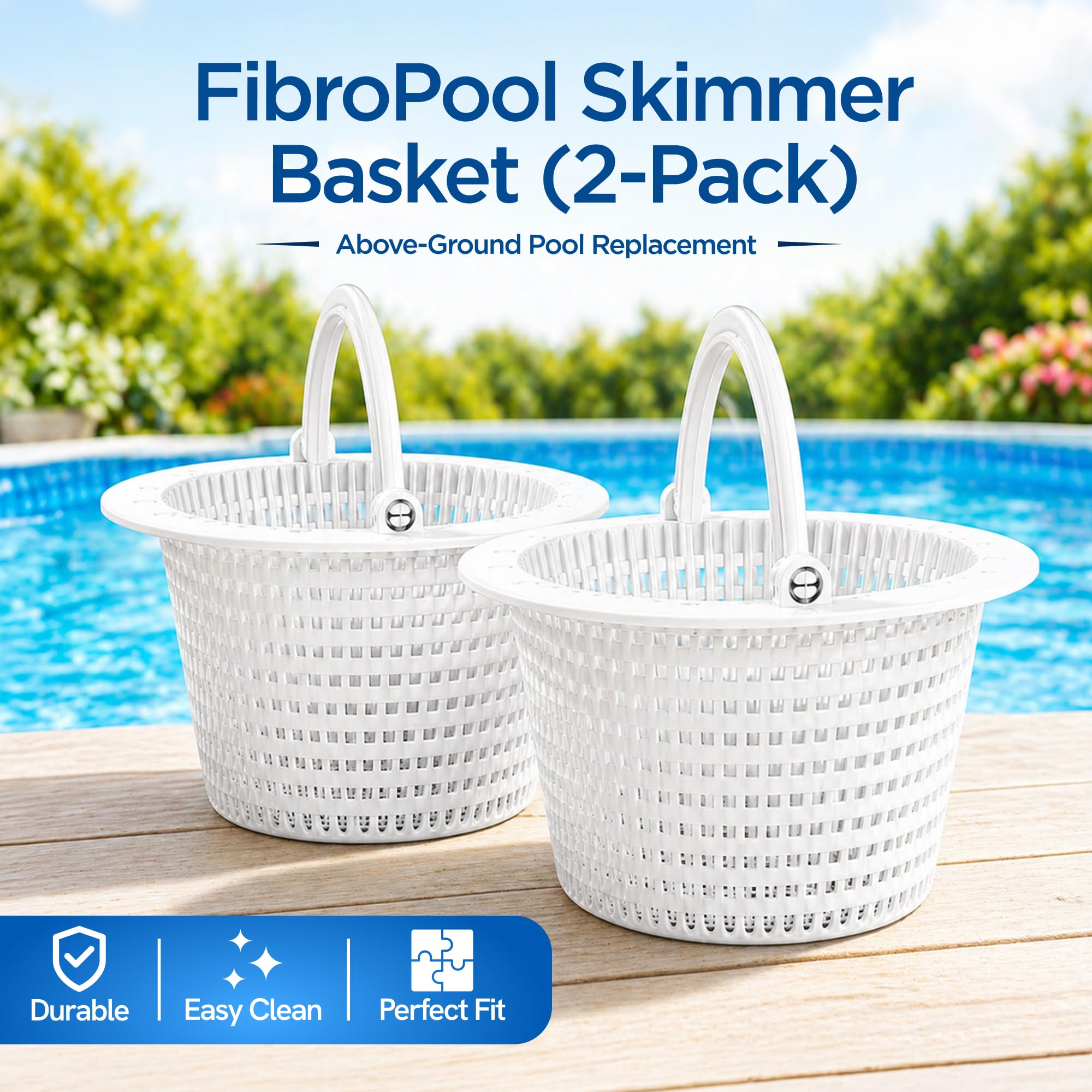 FibroPool canasta junto a piscina limpia, reduce mantenimiento rutinario