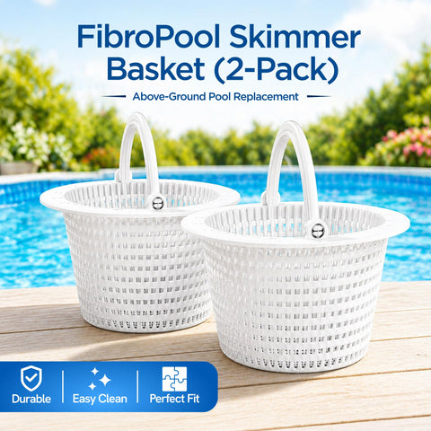 FibroPool canasta junto a piscina limpia, reduce mantenimiento rutinario