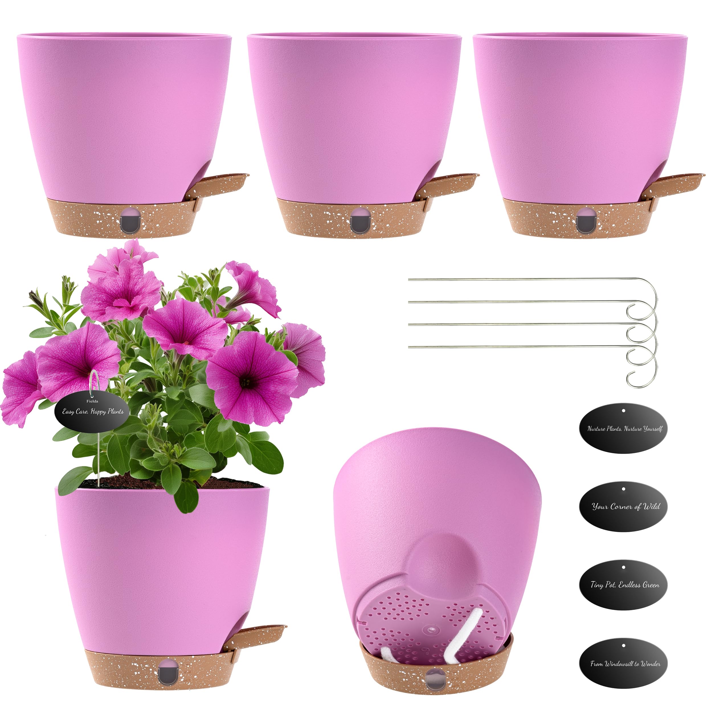 Fielda maceta frontal pack mostrando diseño lavanda y autorriego