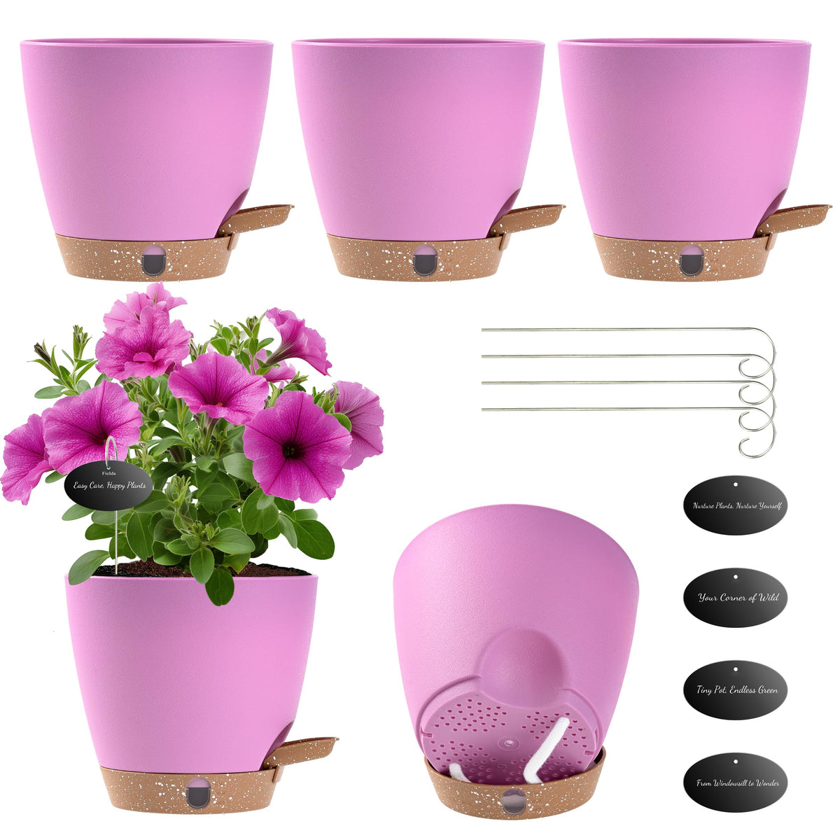 Fielda maceta frontal pack mostrando diseño lavanda y autorriego