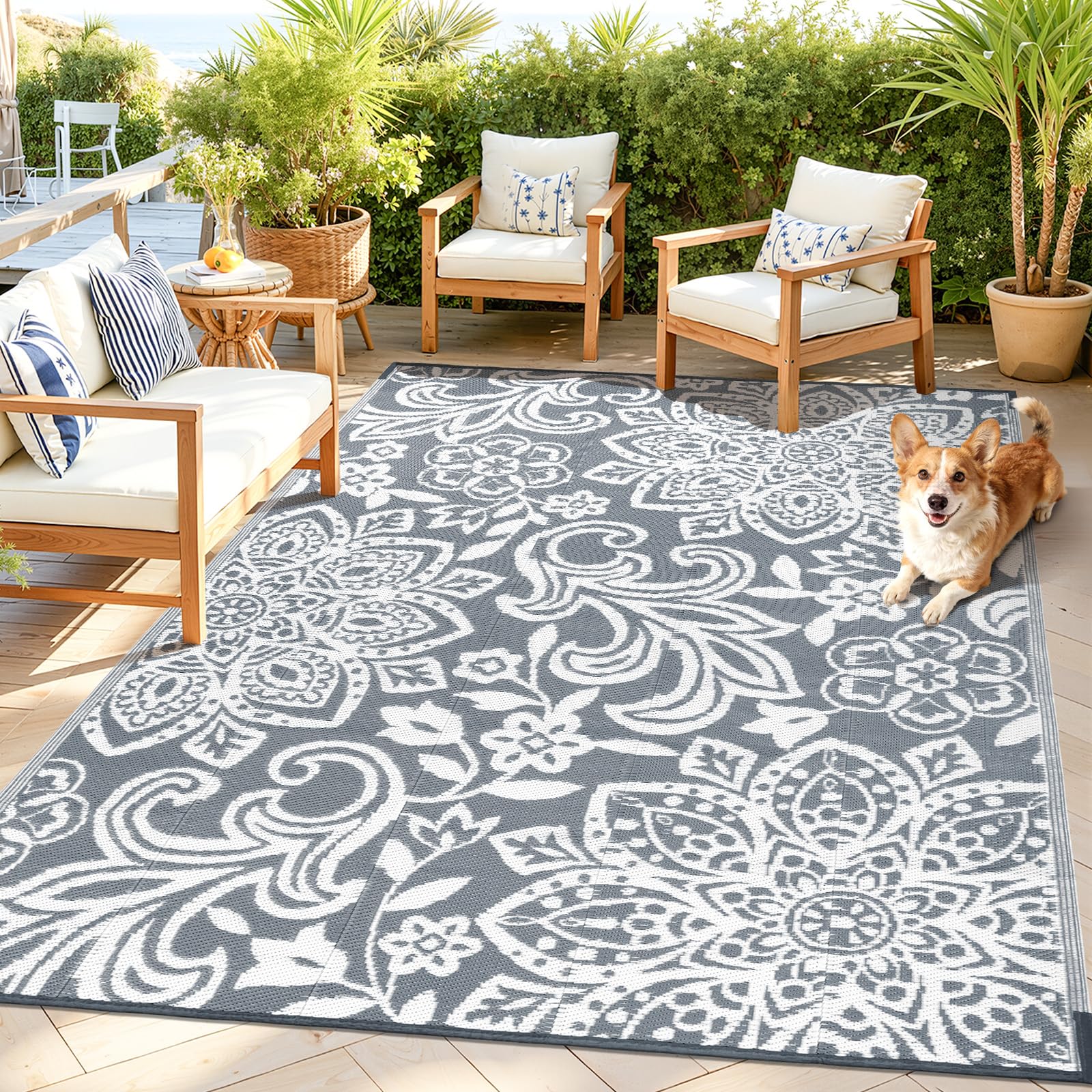 Findosom alfombra exterior frontal mostrando diseño mandala y resistencia