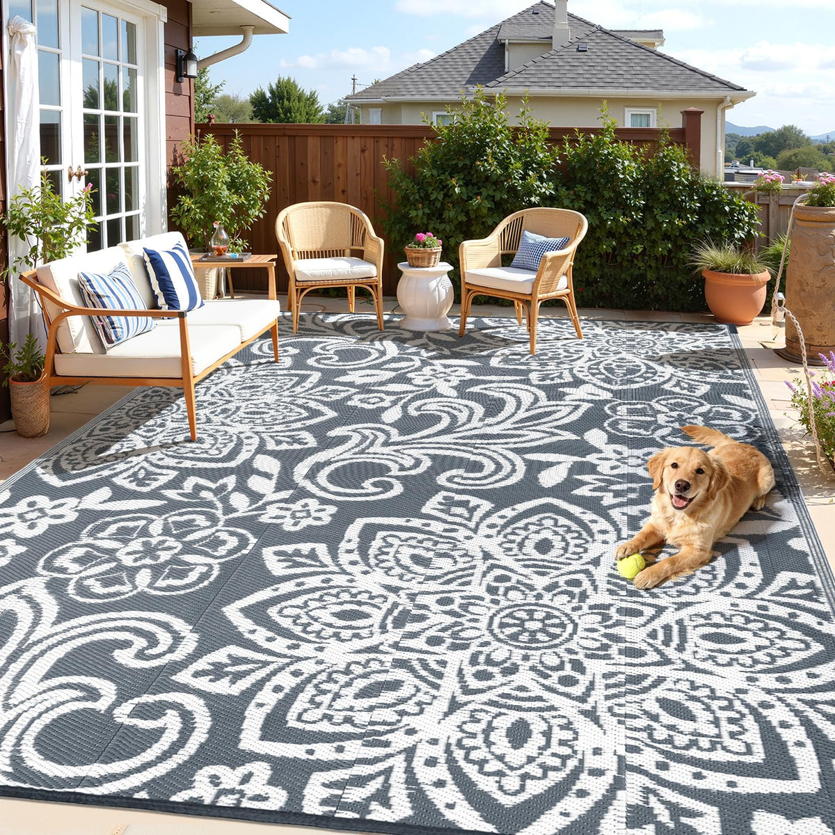 Findosom alfombra exterior frontal mostrando patrón mandala y borde reforzado