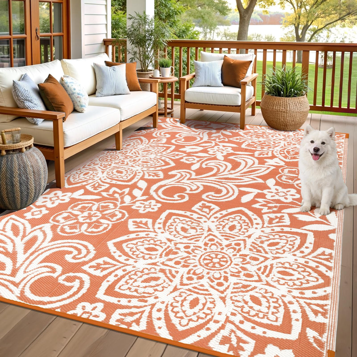 Findosom alfombra exterior frontal mostrando mandala y durabilidad